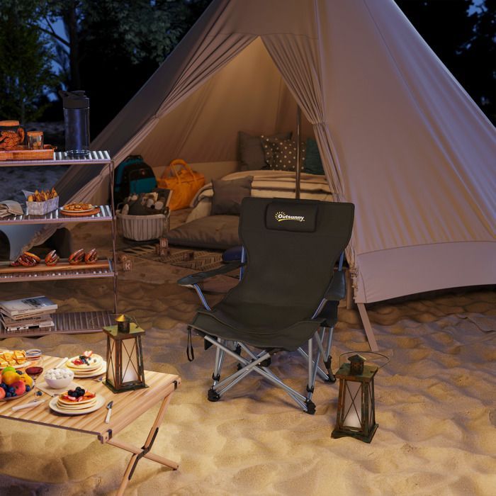 Chaise de camping - Outsunny - pliante - avec repose-pied amovible, appui-tête, porte-gobelet et sac de transport - noir