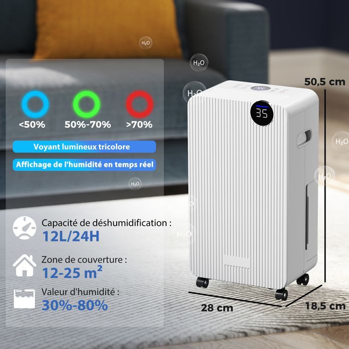 Deshumidificador de aire - HOMCOM - 12 L/día - silencioso - depósito de agua de 2,1 L, pantalla LED - ABS - 28 x 18,5 x 50,5 cm - blanco