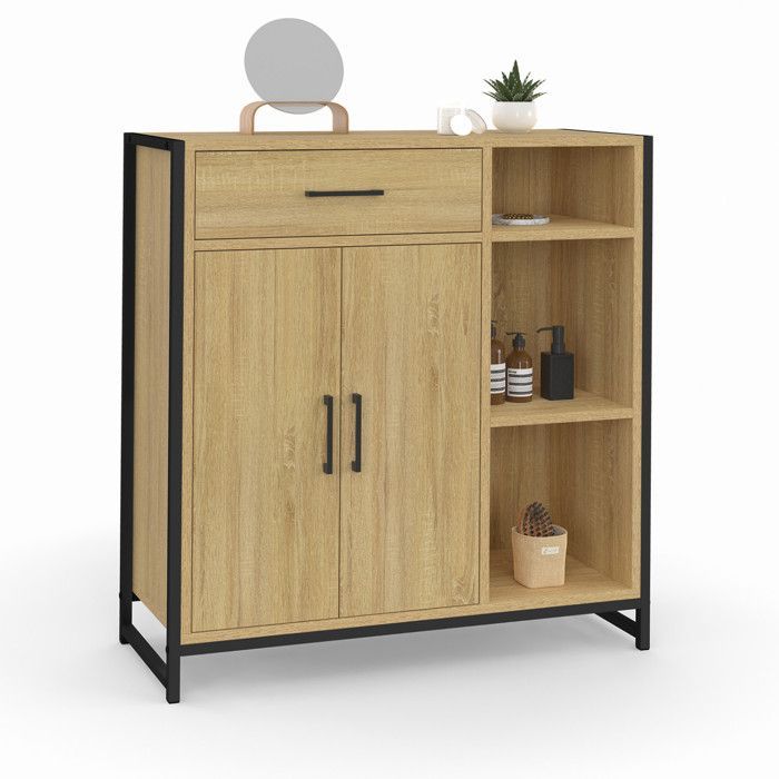 IDMARKET Meuble de rangement salle de bain DETROIT 1 tiroir 2 portes placard et étagères design industriel