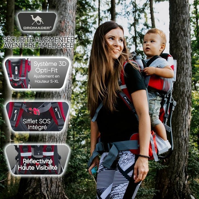 Portabebés DROMADER para senderismo - Cómodo hasta 22 kg - Mochila con bolsillo isotérmico, funda para el sol y la lluvia - Rojo