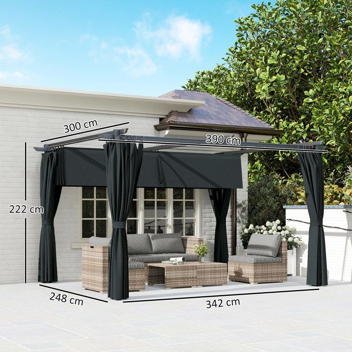 Pérgola retráctil Outsunny de 4 x 3 m con cortina y techo corredizo - Aluminio, metal, poliéster de 180 g/m² - Gris oscuro