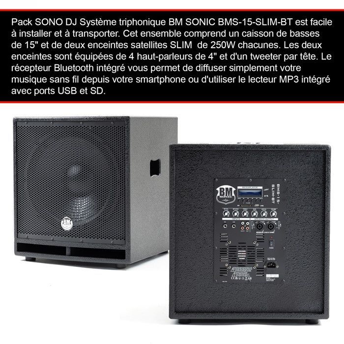 Complete 2400W DJ Sound Pack BM SONIC BMS-15-SLIM-BT, 4 Satellite Speakers, 2x SUB 38cm USB/Bluetooth, Cable Holders, Microphones