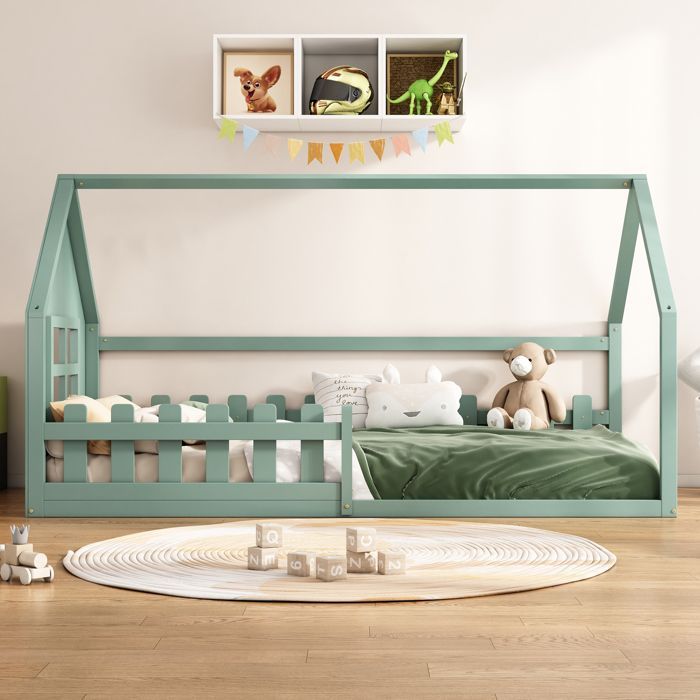 Kinder-Hochbett 90x200 cm – hausförmig – aus Kiefernholz und MDF – Grün