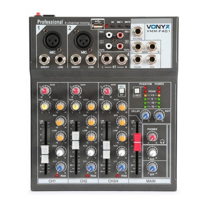 Table de mixage Vonyx VMM-F401 - 4 canaux - USB - pour studio ou scène