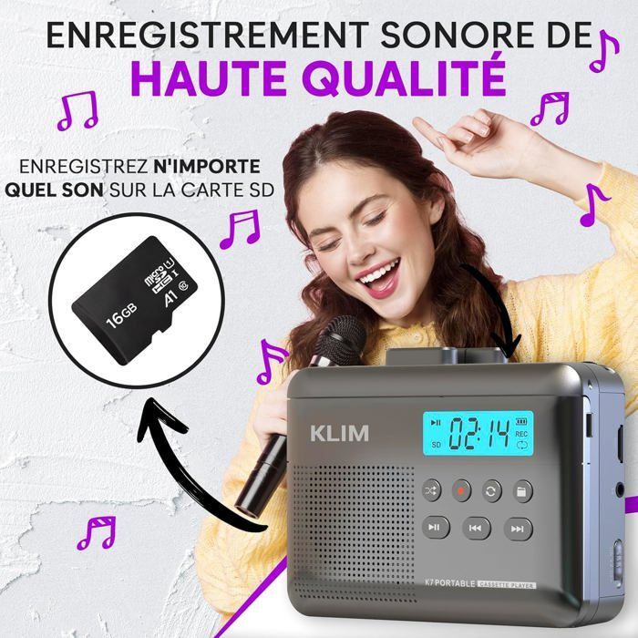 Cassette Player K7 - Lecteur Cassette Audio - Convertisseur Audio en MP3 - Microphone et Haut-Parleur intégrés - Carte SD 16GB