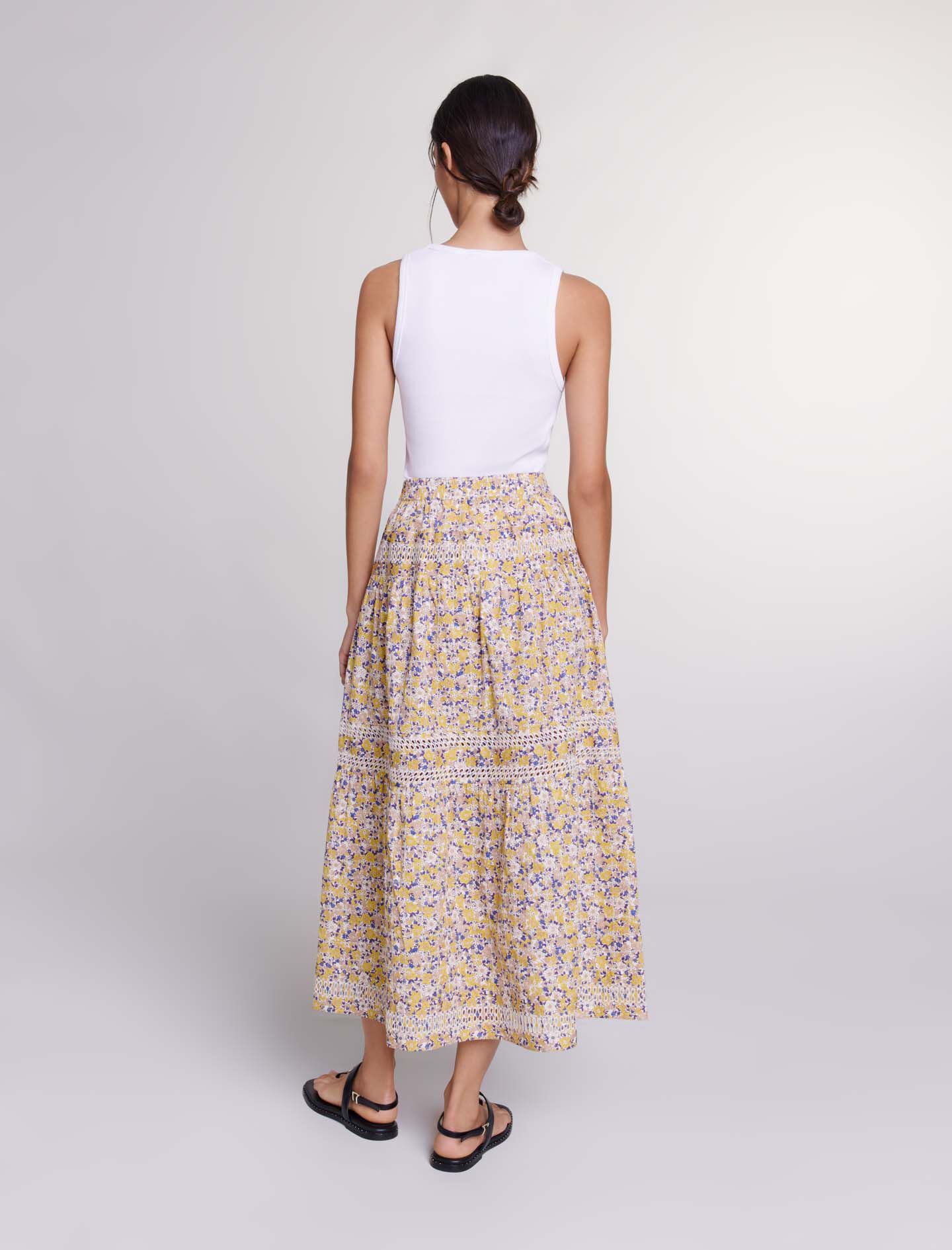 Fusta lunga florala si brodata-Imprimé Fleurs Brodées Beige