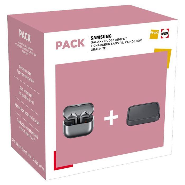 Auriculares inalámbricos intrauditivos Samsung Galaxy Buds 3 con cancelación de ruido, color plata + cargador inalámbrico rápido de 15 V