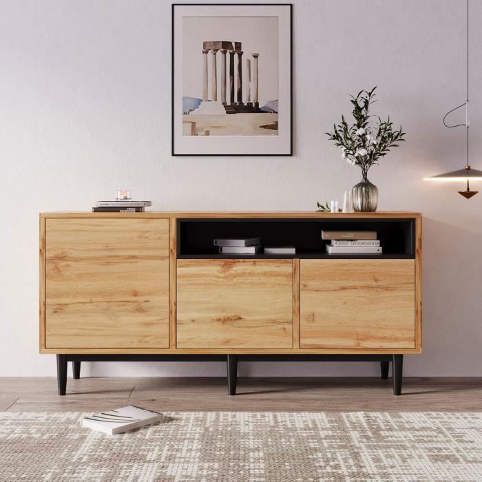 Aparador de estilo industrial, armario de pasillo de 3 puertas, mueble de cocina con estante, 160x35x76cm, madera natural rústica.