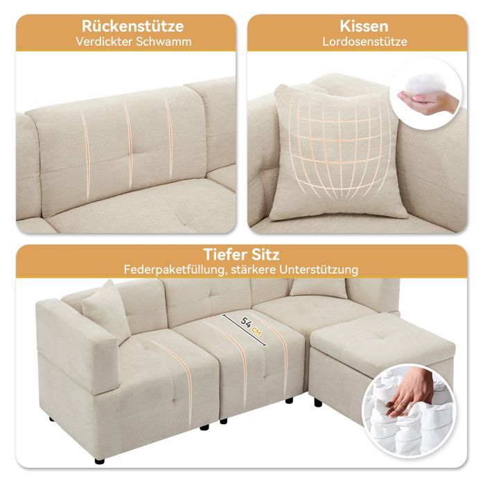 Sofá de canto de chenille com 3 lugares, compartimento de arrumação, pufe modular e 2 almofadas – Bege
