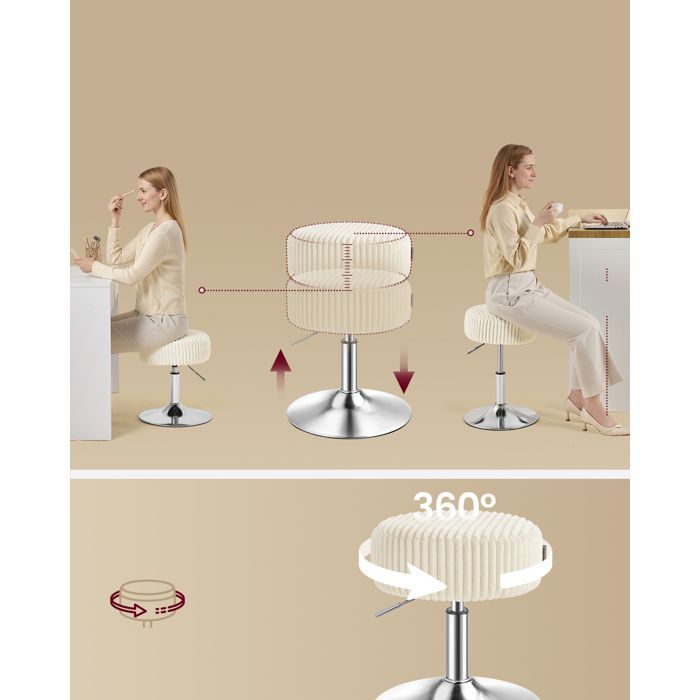 Tabouret de bar - VASAGLE - Velours côtelé - Réglable - Pivotant - Blanc crème