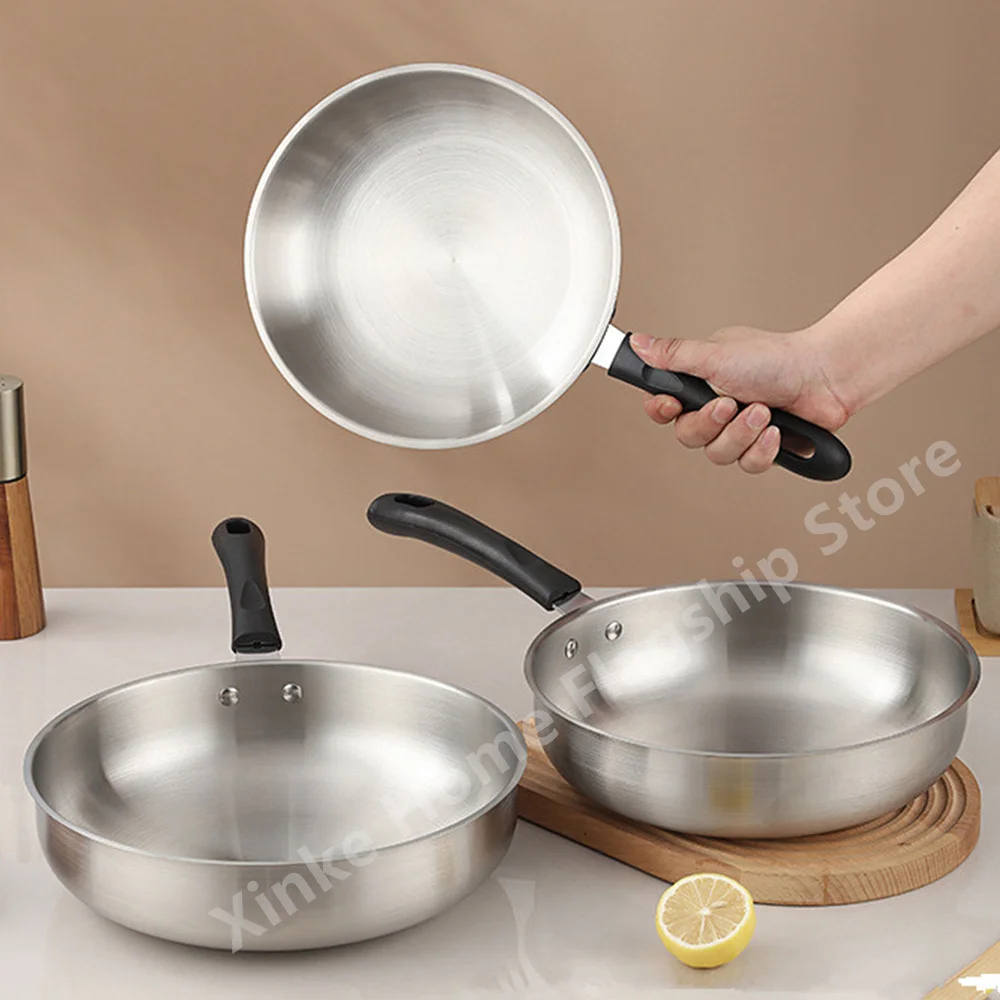 Wok en acier inoxydable antiadhésif, poêle à frire sans revêtement, casserole épaisse pour la maison, compatible avec les plaques de cuisson à gaz et à induction, ustensiles de cuisine universels