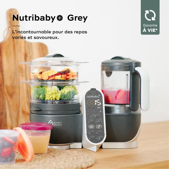 Babymoov Nutribaby(+) Robot da cucina per alimenti per neonati - 6 in 1 - Vaporiera/Frullatore - Grande capacità 2,2 litri, Grigio