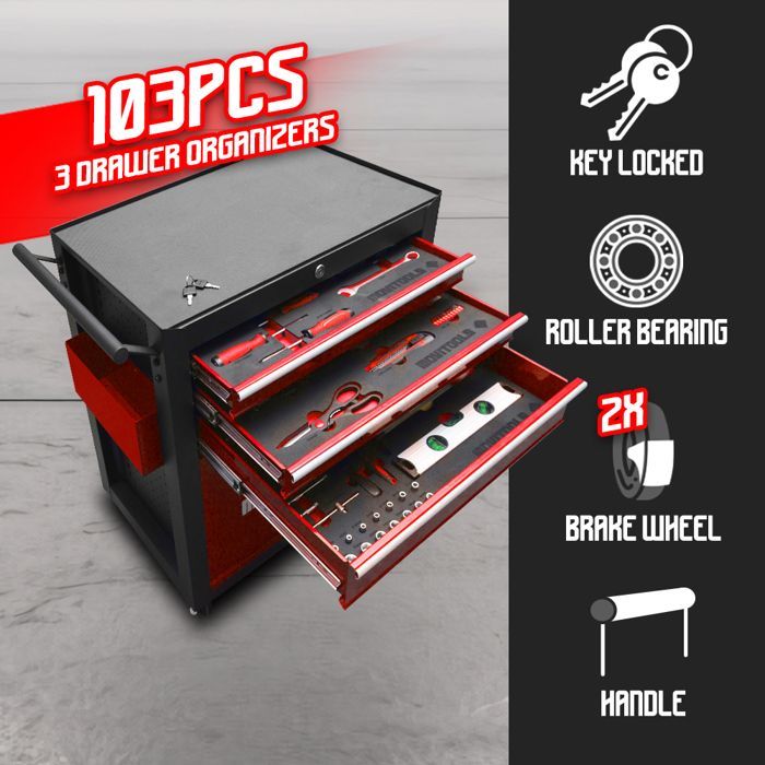 Carro de taller - MOVITOOLS - RC3T1P-101B - 3 cajones - 101 accesorios - Acero reforzado