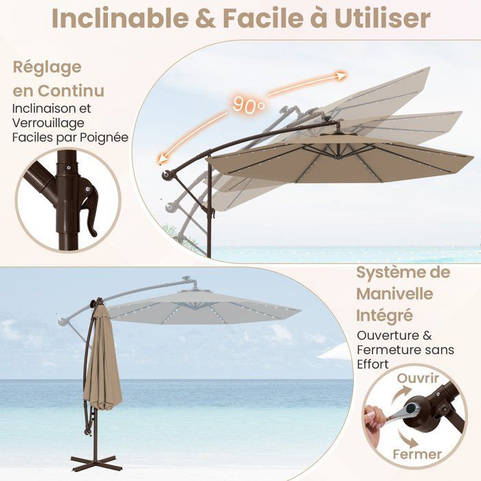 COSTWAY Parasol Déporté 3M avec 40 Lumières LED Panneau Solaire 6 Heures,Base Croisée Sac de Sable Tissu en Polyester UV 20+ Marron