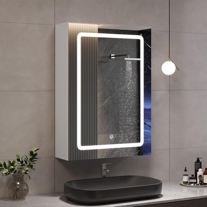 Armoire Murale de Salle de Bain avec LED Miroir, Meuble Salle de Bain Rangement avec 1 Porte, Blanc, 50x15x70 cm