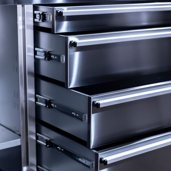 Stainless steel workshop trolley, 10 drawers, 198 cm