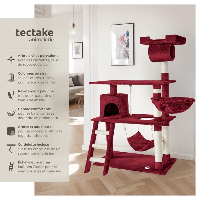 Árbol para gatos - TECTAKE - MARCEL, 141 cm de altura, con cuerda, poste rascador y zonas para dormir - Rojo