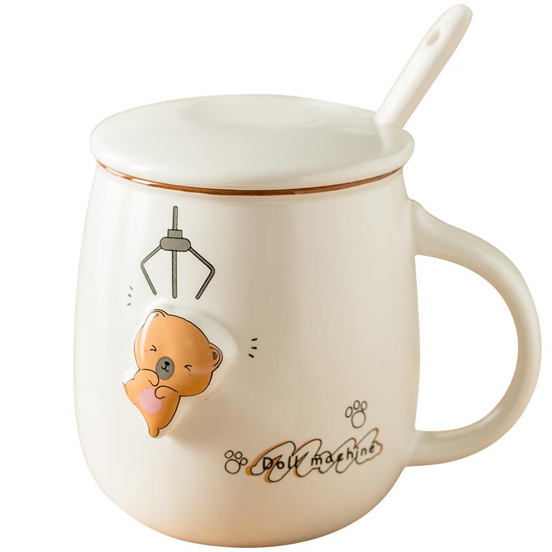 Tasse à café en porcelaine ours avec couvercle et cuillère, jolie tasse à yaourt créative, style nordique, grande tasse à jus en céramique, récipient pour la maison LL50TC