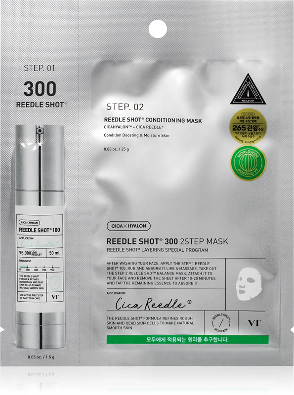Máscara Reedle Shot 300 da VT Cosmetics, máscara regeneradora intensiva em duas etapas para cuidados com a pele.