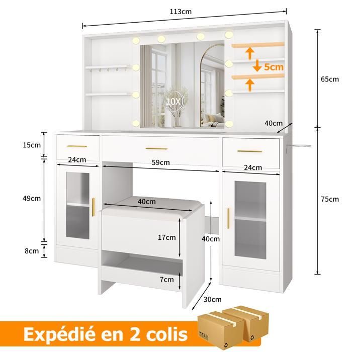 Dressing Table with Mirror and Storage Stool - NHHF - 113 x 40 x 140 cm - 10 Bulbs - 3 Adjustable Colors - 3 Drawers, 6 Shelves and 5 Hooks
