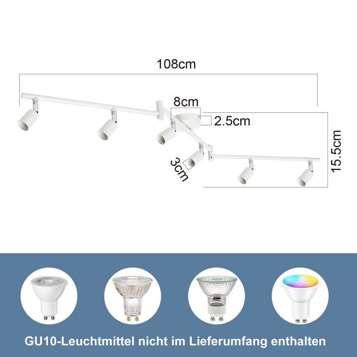 Homefire Plafonnier LED 6 spots GU10 - Spot de Plafond Lampe de Plafond Moderne Intérieur Blanc pour Salon Salle de Bain