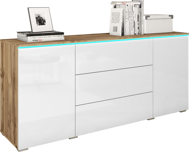 Komoda VEVE 150 cm dąb wotan/biały połysk z oświetleniem LED