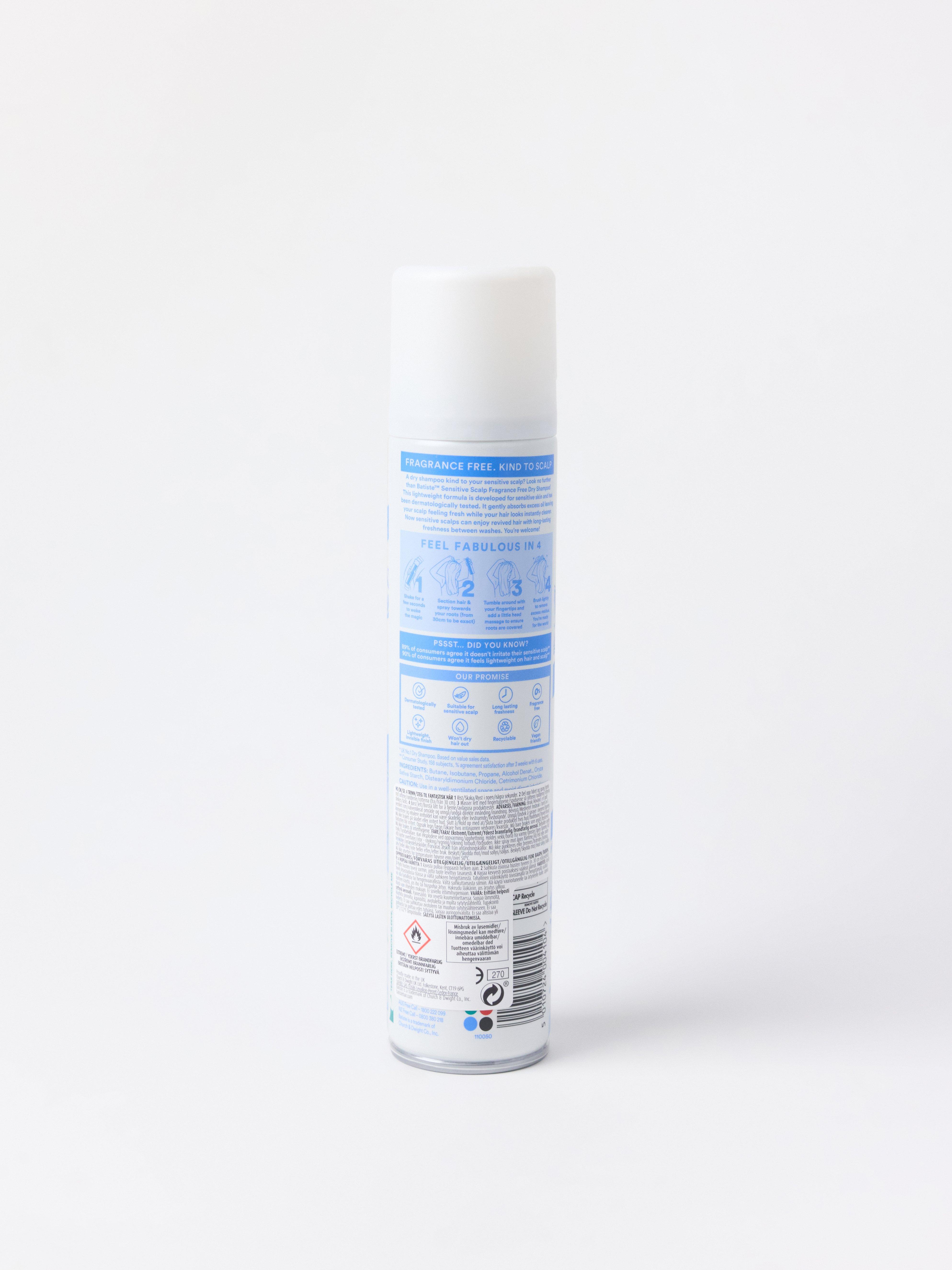 Shampoo a seco Batiste para couro cabeludo sensível, sem coloração.
