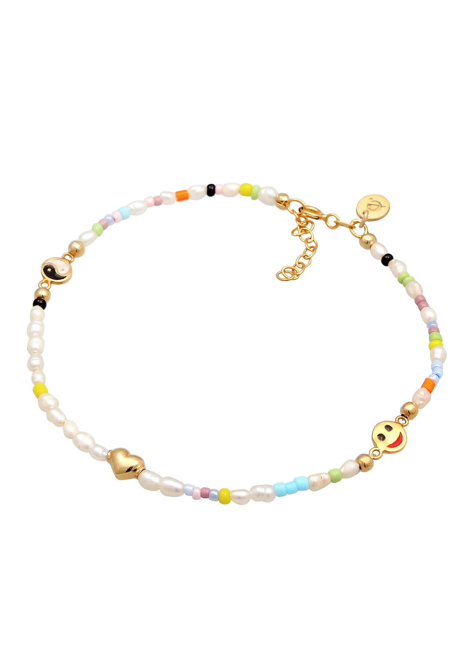 Elli PREMIUM de cheville pour Femmes Yin & Yang Cœur avec Smiling face avec Perles de Culture d'Eau Douce en argent sterling 925 plaqué or