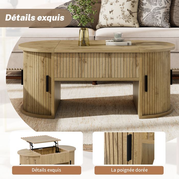 Mesa de centro oval com tampo elevável, 2 portas de correr e acabamento amadeirado (100 x 50 x 40,5 cm).