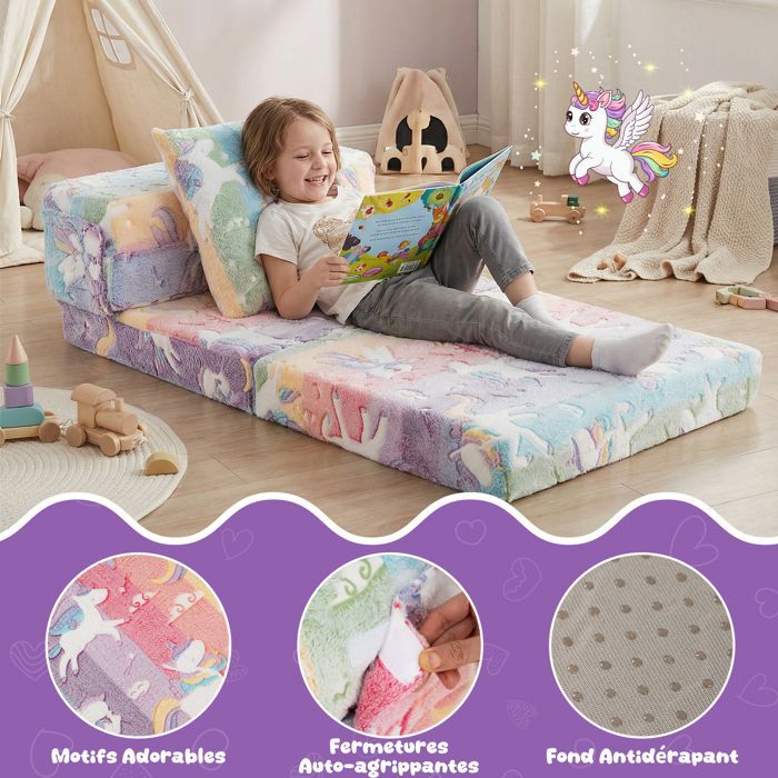 COSTWAY 3-in-1 Leucht-im-Dunkeln-Kindersofa mit waschbaren Bezügen mit Reißverschluss und zusätzlichem Kissen, umwandelbar