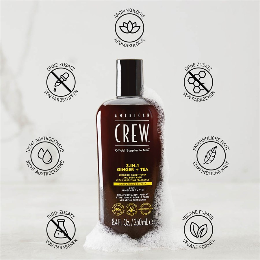 American Crew 3-у-1 шампон са ђумбиром и чајем: шампон, регенератор и гел за туширање – 1000 мл