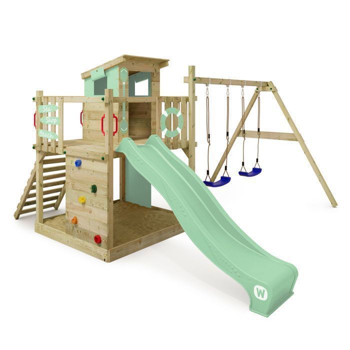 Aire de jeux bois WICKEY Smart Camp avec toboggan 220 cm vert pastel, double balançoire et maisonnette – 10 ans de garantie*