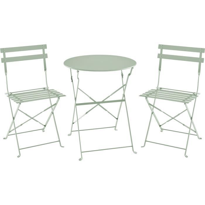 Conjunto de bistró ELORA - Conjunto de comedor de jardín - Mesa plegable de 60 cm + 2 sillas plegables - Acero con recubrimiento en polvo - Verde - Para 2 personas