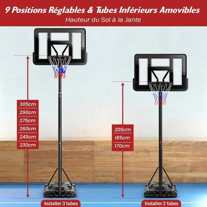 Aro de baloncesto independiente para adultos COSTWAY - 12 niveles, alturas de 2,32 a 3,05 m - Tablero irrompible de 110 cm - Almacenamiento de balones