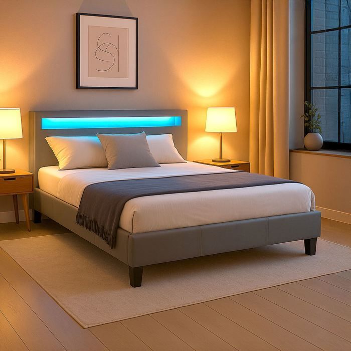 Cama de casal LED 140x190 cm com estrado de ripas, cabeceira confortável, cama de solteiro com estofamento sintético cinza, PINOT