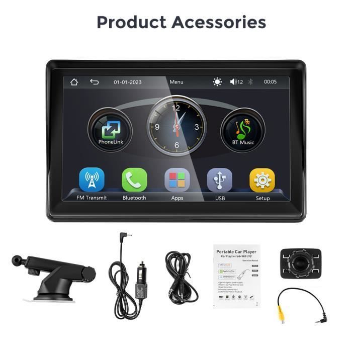GEARELEC Autoradio met cartridgekaart, draadloos, draagbaar, 7 inch, CarPlay-radio, touchscreen, Bluetooth, hoofdtelefoon, multimediaspeler