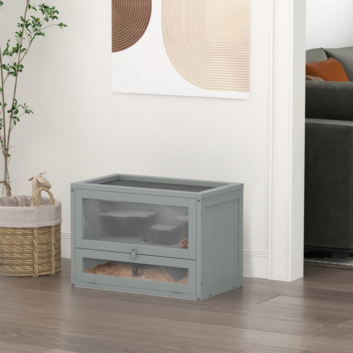 Cage pour hamsters - PawHut - multi-équipements rampe plateformes toit ouvrant grillagé porte - pour souris petits rongeurs - gris