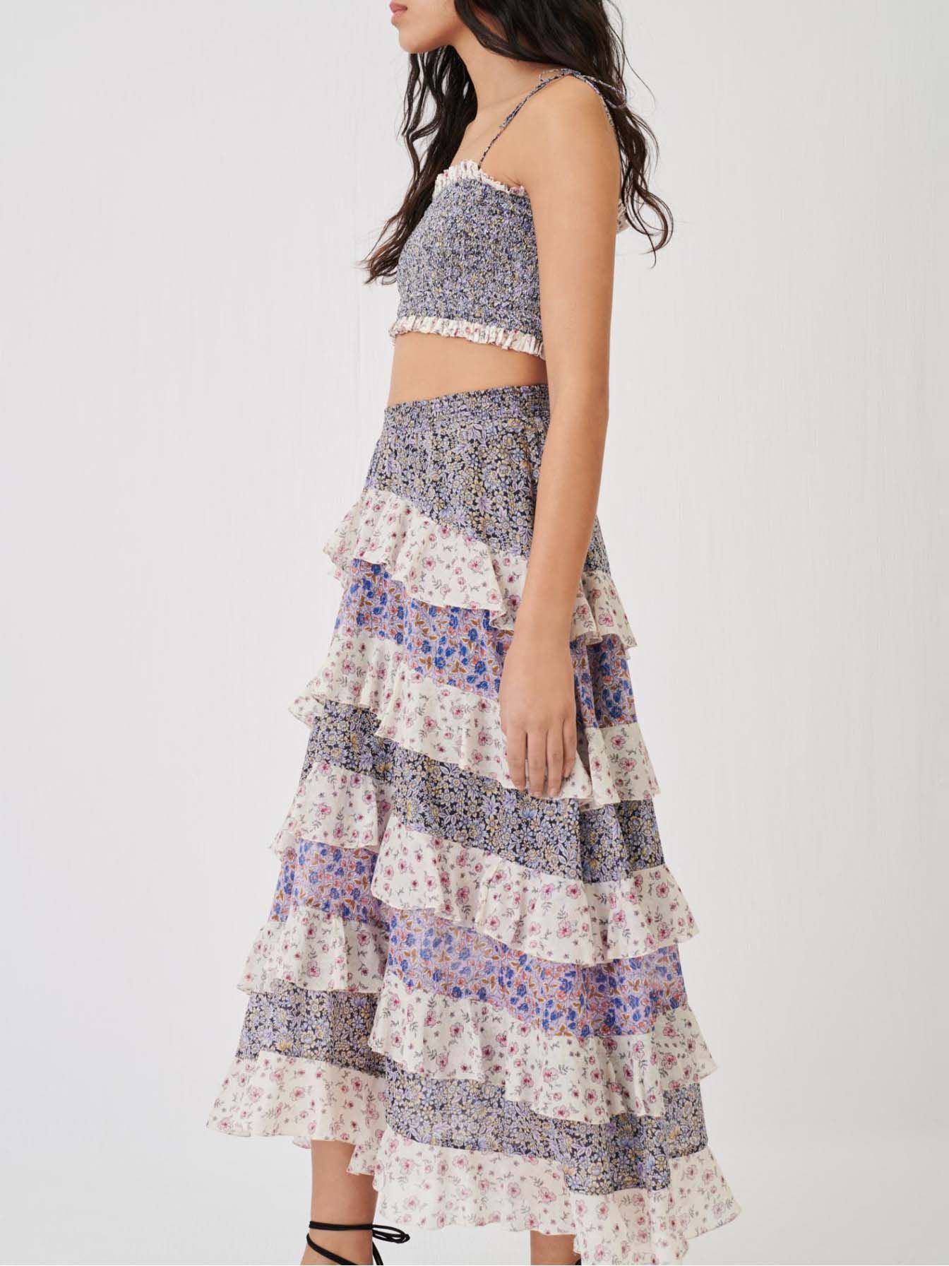Lange rok met print en ruches - Blauw
