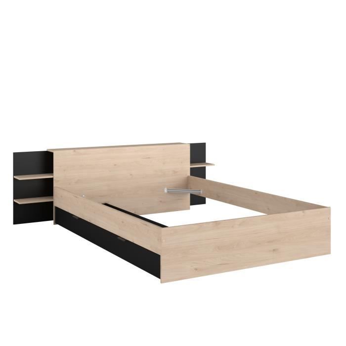 HORN Lit adulte 140 x 190 / 200 cm - Avec tiroir de rangement - Décor chêne et noir – PARISOT