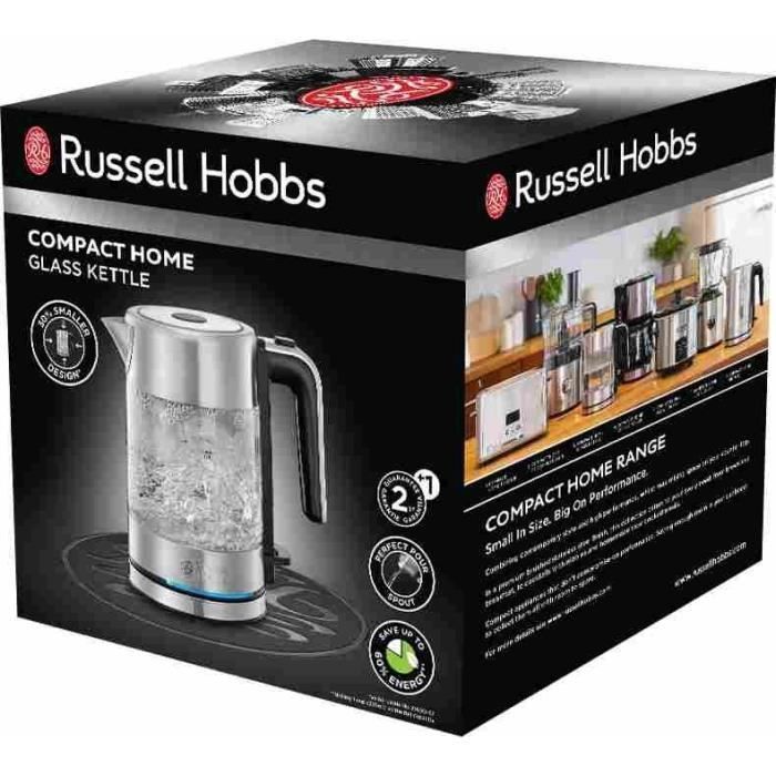Bouilloire en Verre - RUSSELL HOBBS - Compact Home - 0.8 L - 2200 W - Économie d’énergie - Éclairage LED - Ouverture automatique