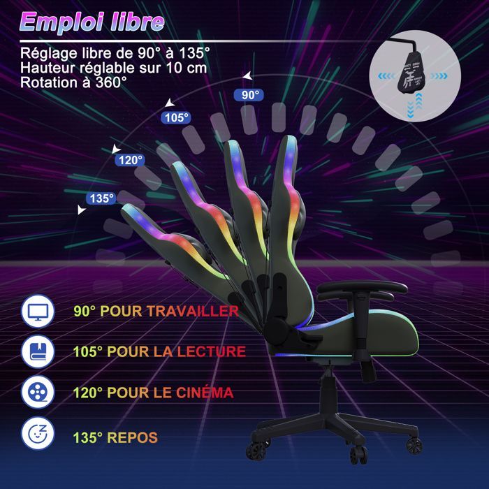 Chaise gaming, Fauteuil de Jeu, Siège Gaming Pivotant, Fonction Massage et Appui-Tête, Eclairage LED, Accoudoirs Réglables, Noir