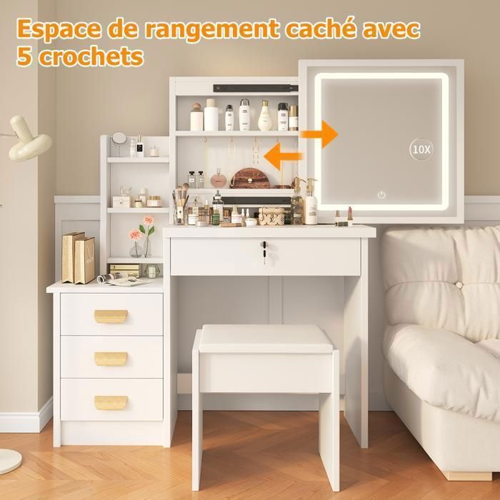 Dressing Table with LED Mirror and Stool - NHHF - 87W x 36D x 136H cm - 3 Lighting Modes - with 4 Drawers and 7 Shelves - White