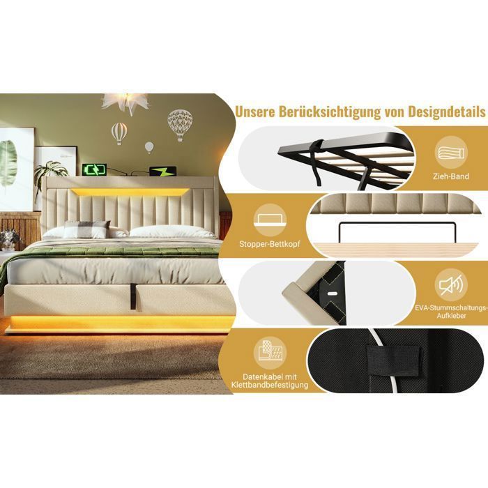 Cama estofada 180x200, cama de casal com cabeceira com arrumação, LED multicolorido, abertura hidráulica, portas USB-C