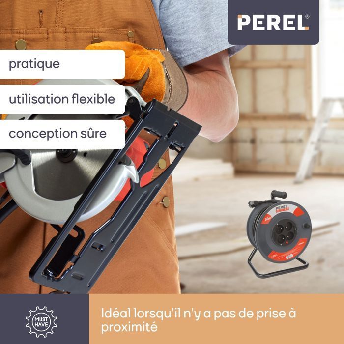 Enrollador de cable - PEREL - 50 m - 4 tomas - Disyuntor térmico - Bloqueo de seguridad para niños
