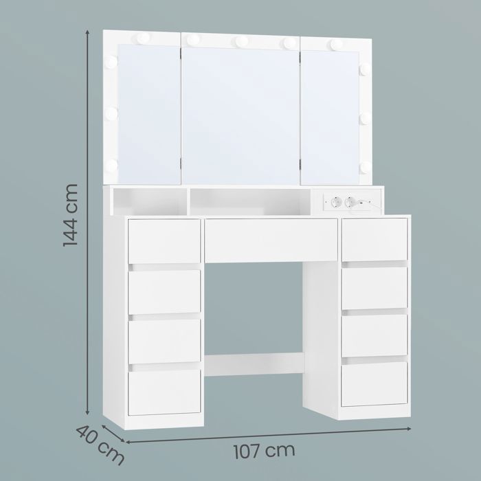 Coiffeuse avec 9 Tiroirs, Miroir Triple Pliable, Éclairage LED 3 Couleurs, Chambre, Multiprise Intégrée, Blanc