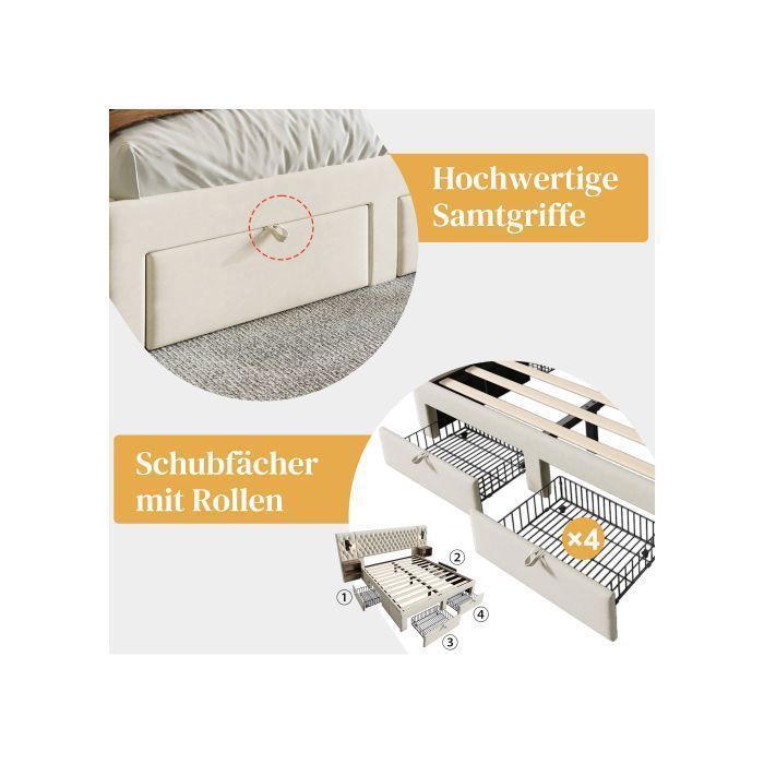 Letto contenitore 180x200 cm, letto matrimoniale con contenitore integrato, rivestimento in velluto, ripiani laterali, porte USB