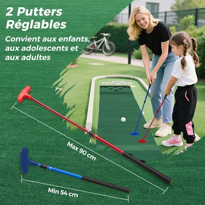 Tapete de práctica de golf COSTWAY de 332 cm con 2 putters ajustables, 6 pelotas y 12 fundas para hoyos, ideal para veladas familiares.
