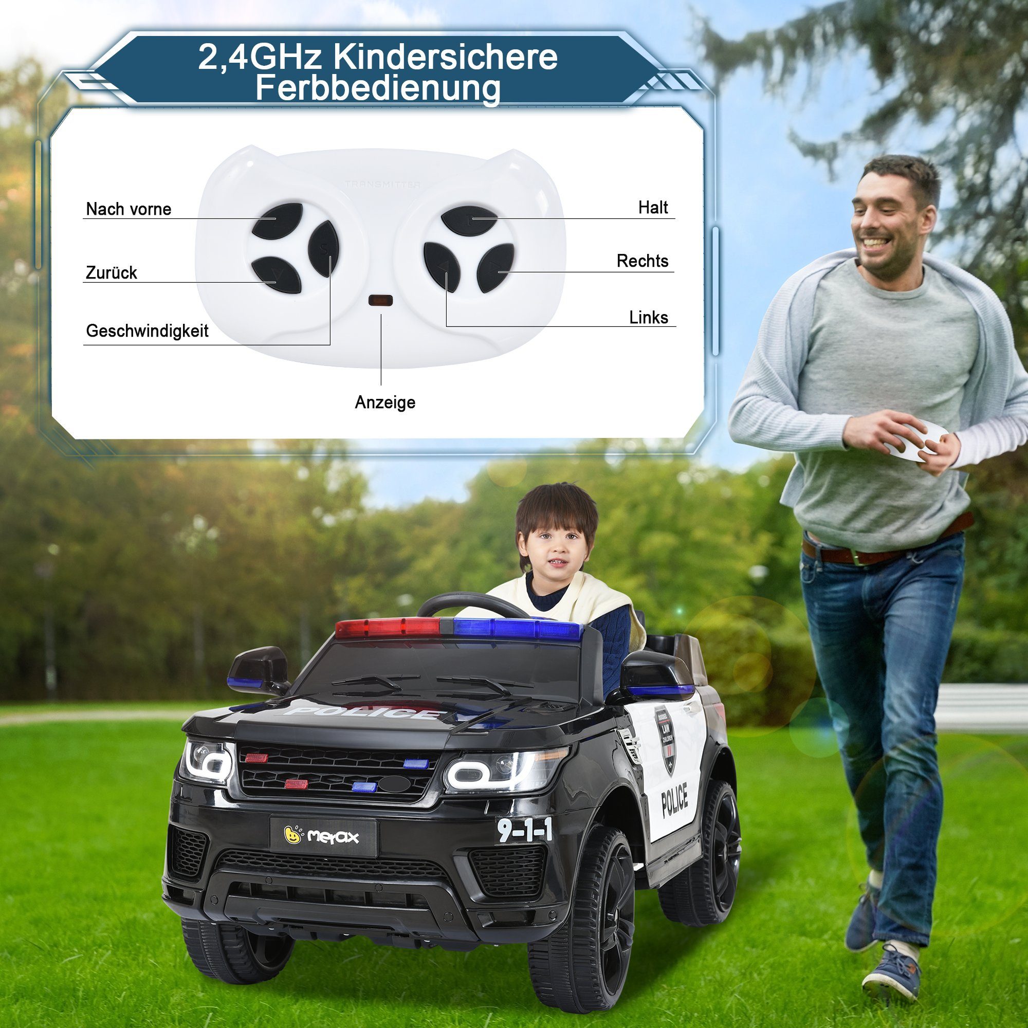 Merax elektrisches Kinderauto mit USB, AUX und Bluetooth inklusive Fernbedienung, Tragfähigkeit 30 kg, elektrisches Polizeiauto, Kinderauto