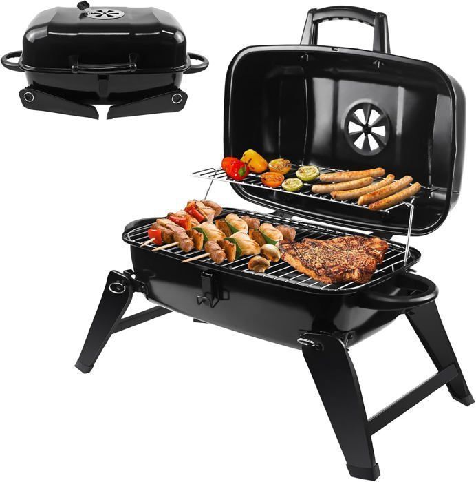 Barbecue Charbon de Bois Pliable - SunJas - avec Couvercle Grille BBQ Party Portable pour Balcon Camping - en Émail Noir