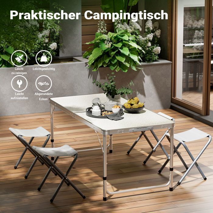 Wiltec Kit Table de camping pliante, 1200 x 600 x 545 mm, avec 4 assises tabourets, table portable blanche MDF/alu, réglable en haut